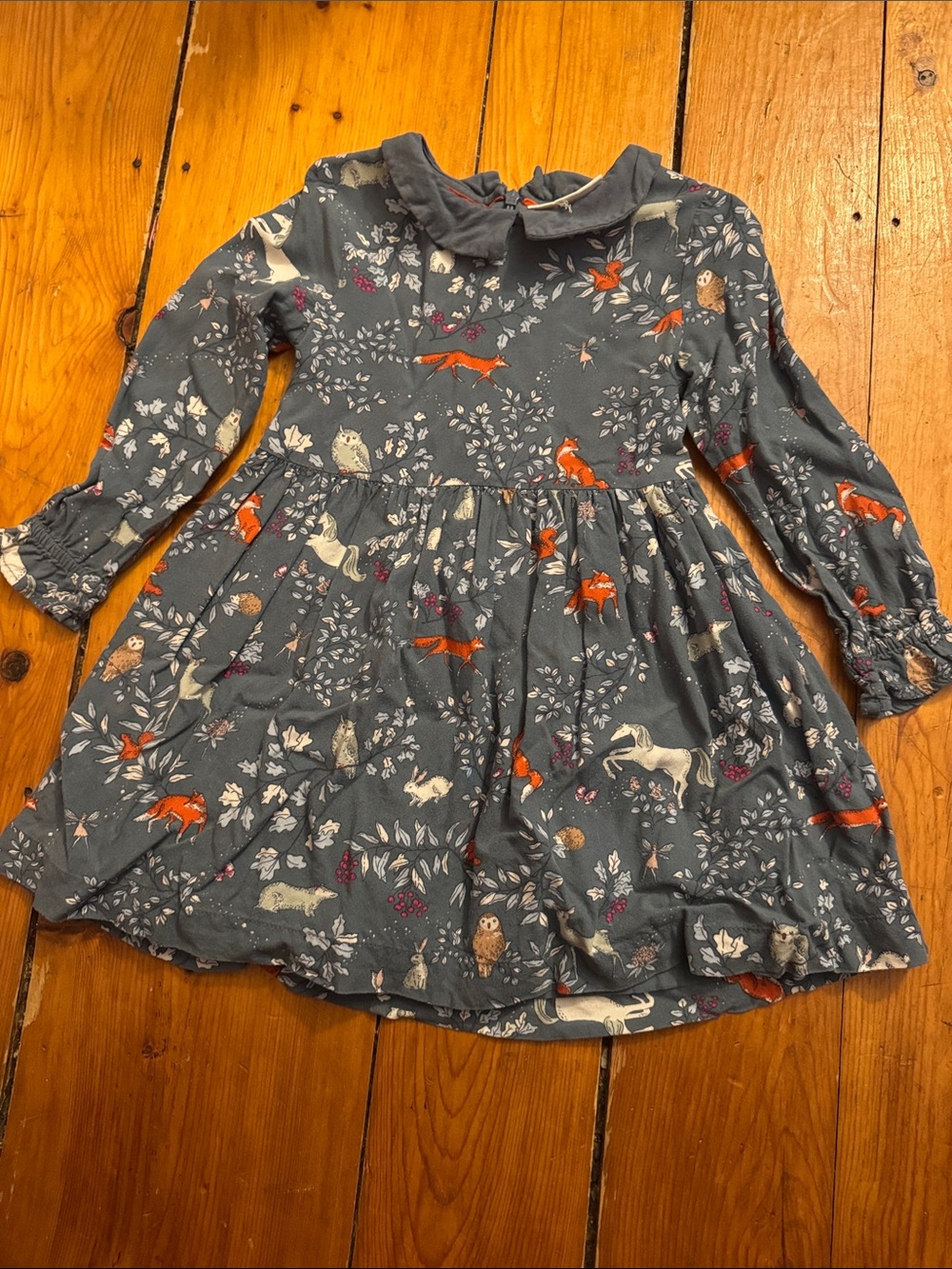 Mini Boden Slate Blue Woodland Print Long-Sleeve Dress